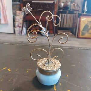 Vintage Avon Butterfly Jewelry Tree Slag Milk Glass Base Gold Filigree 6x2"